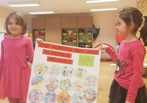 dwie dziewczynki trzymają plakat z przyklejonymi kolorowankami